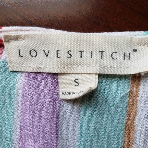 Lovestitch Striped Multicolor Vibrant Tie Blouse Casual Boho Chic Coastal V Neck - Picture 11 of 12